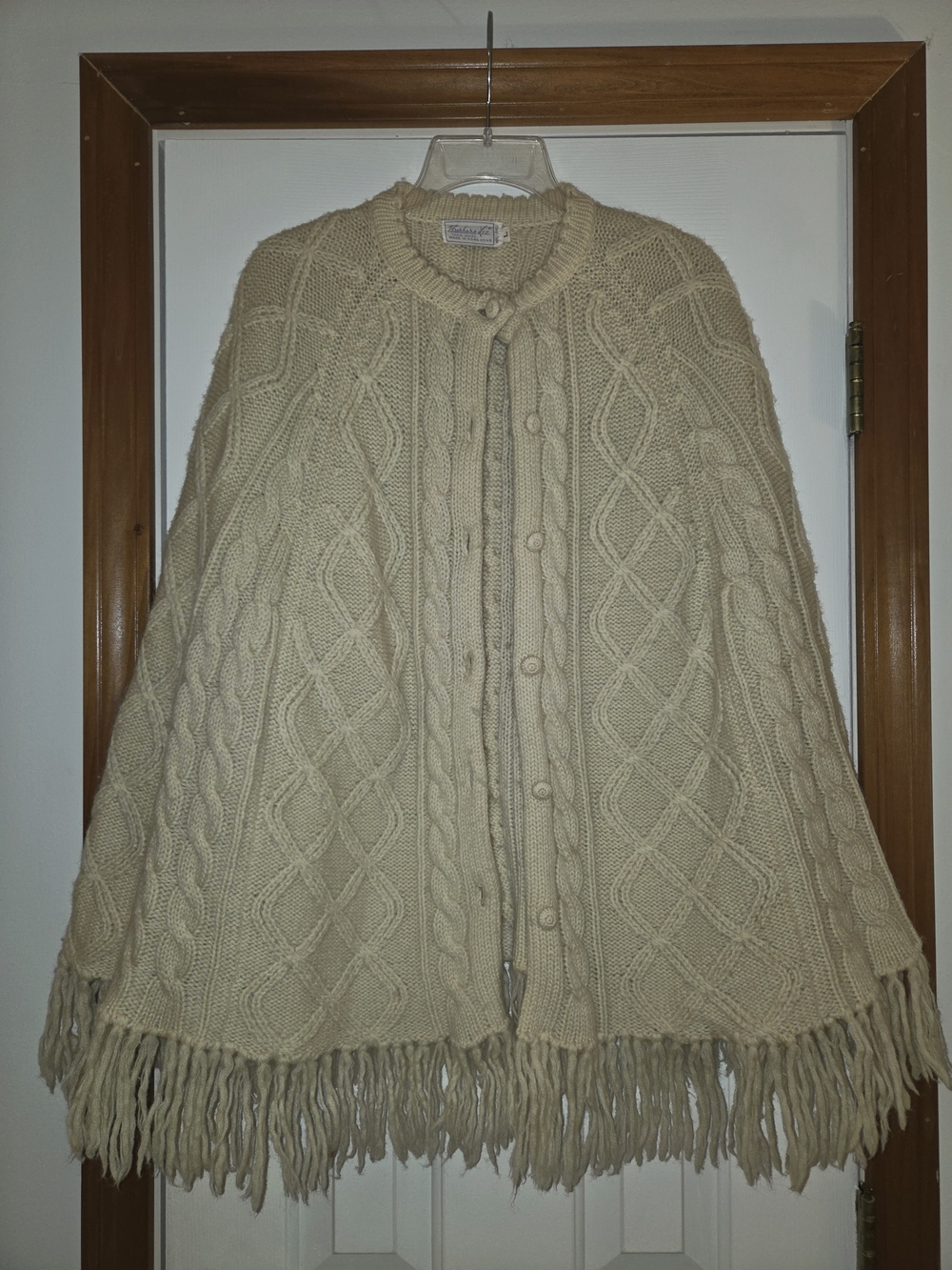 Retro Barbara Lee Cream Cable Knit Fringe Button-Front Women's Sweater Cape